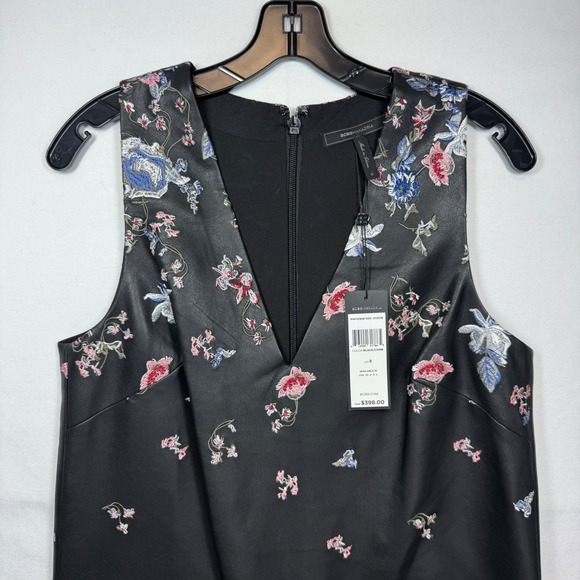 BCBGMAXAZRIA Black Floral Embroidered Faux Leather Split Side Dress Sz Small NWT - Picture 1 of 14